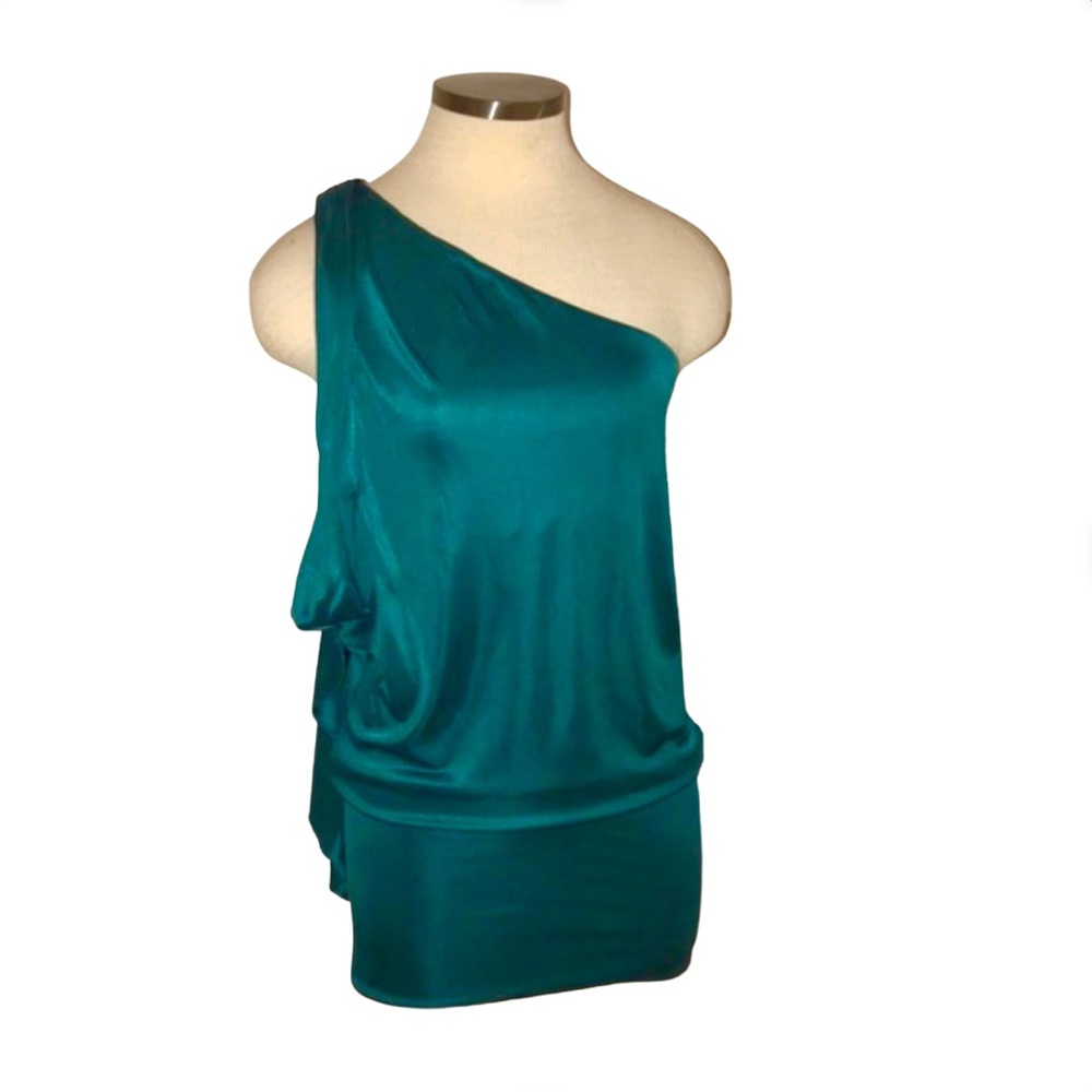 BCBGMaxAzria Teal DRAPE ONE SHOULDER ACETATE JERSEY DRESS - Picture 4 of 10